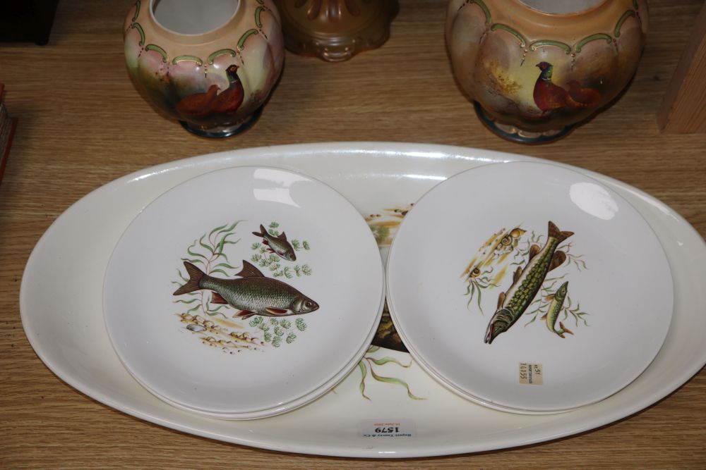 Three Crown Devon vases and a seven Crown Devon fish dishes